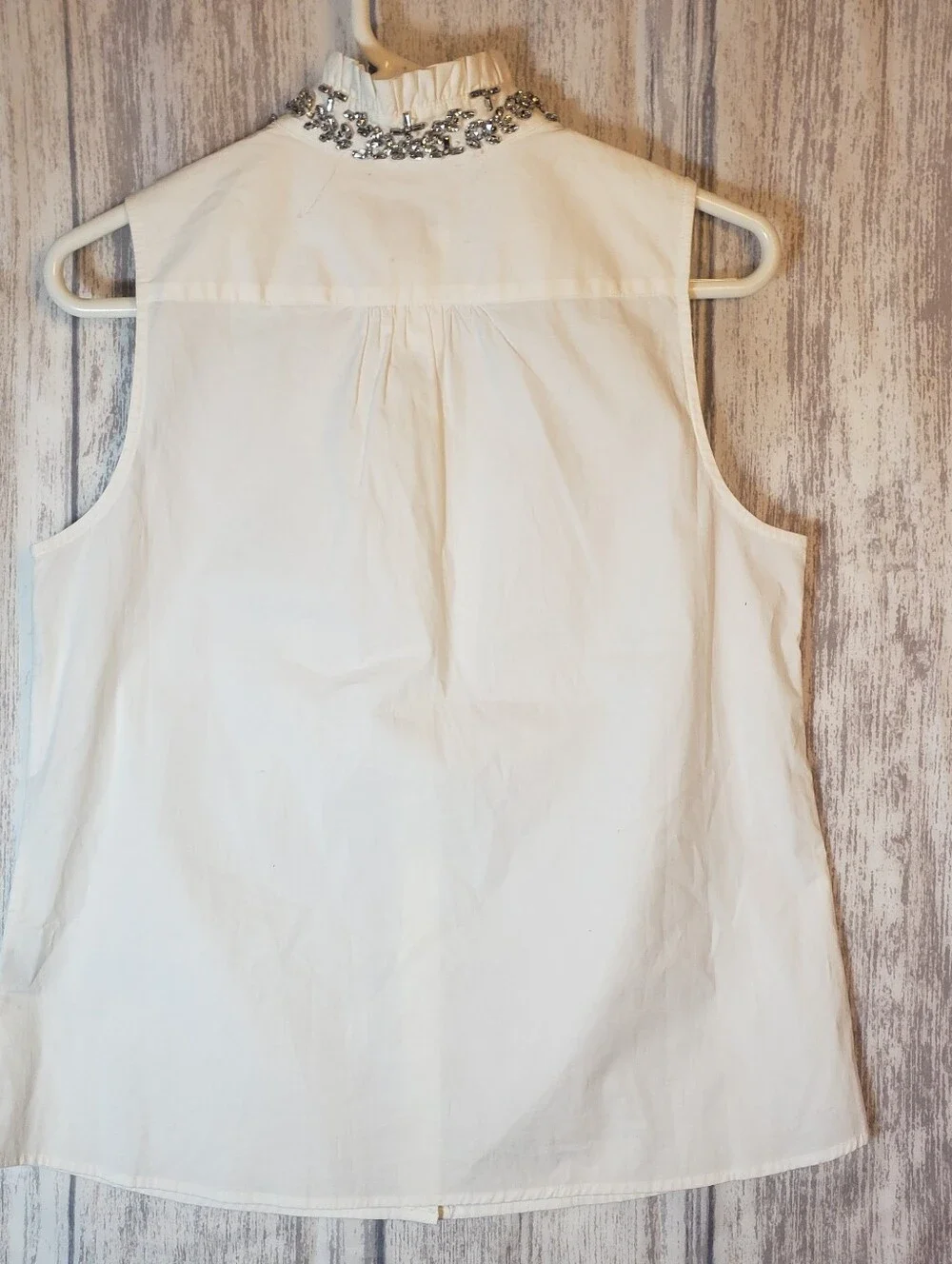 J. Crew Sleeveless White Cotton Button-Front Shirt with Embellished Collar Sz 8
